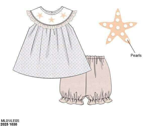 Pre Order 136: Sandy Starfish- Girls Smocked Bubble Short Set