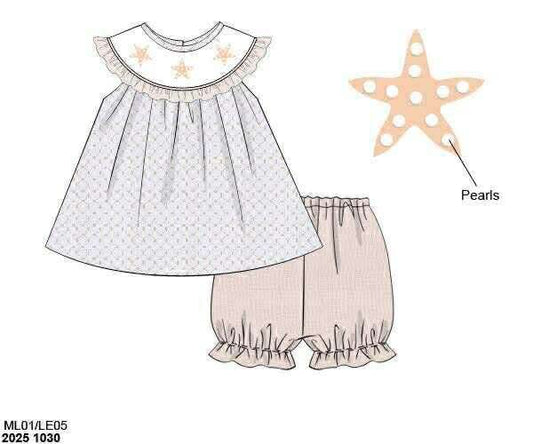 Pre Order 136: Sandy Starfish- Girls Smocked Bubble Short Set