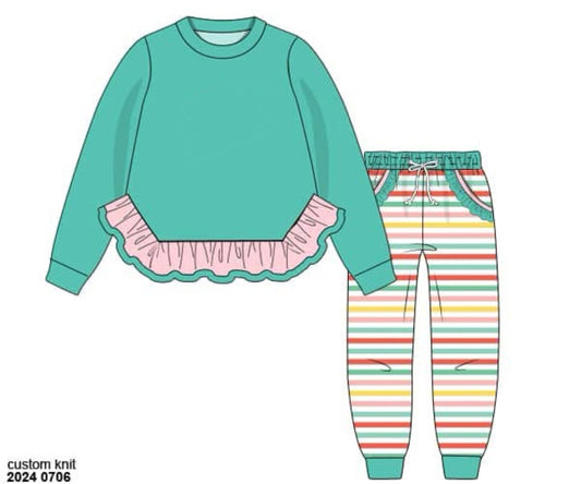 RTS: Knit Jogger Sets- Girls Tiki Teal & Candy Stripes