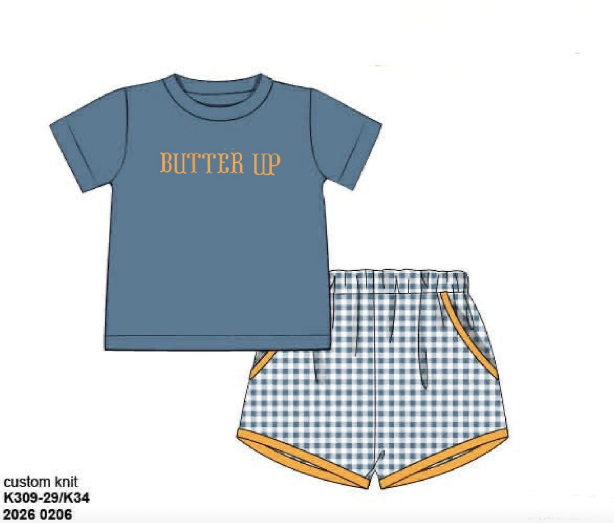 RTS: Neutral French Knot Sets- Boys Stone Blue Knit Shortie Set “BUTTER UP”