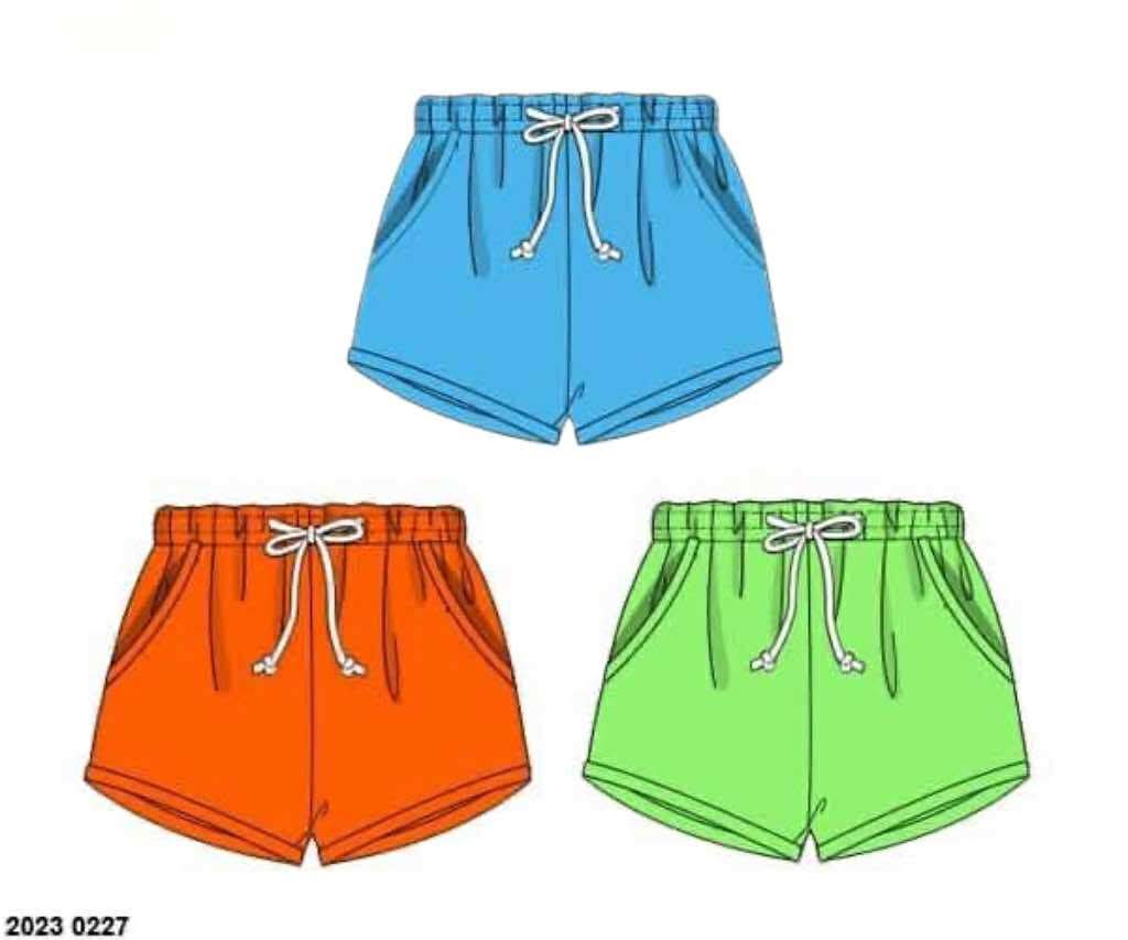 Pre Order 136: 3pc Bottom Packs- Boys Lime, Orange, and Aqua Shortie Shorts