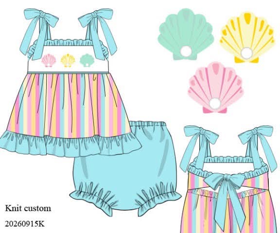 Pre Order 150: Shells & Stripes- Girls Smocked Knit Bloomer Set