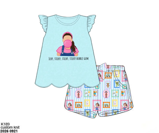 Pre Order 150: Icky Sticky- Girls Appliqué Shortie Set