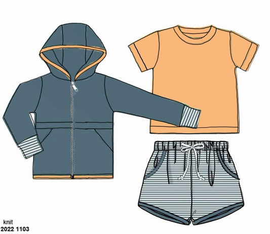 RTS: 3pc Knit Jacket Set- Boys Blue Stone & Bright Orange