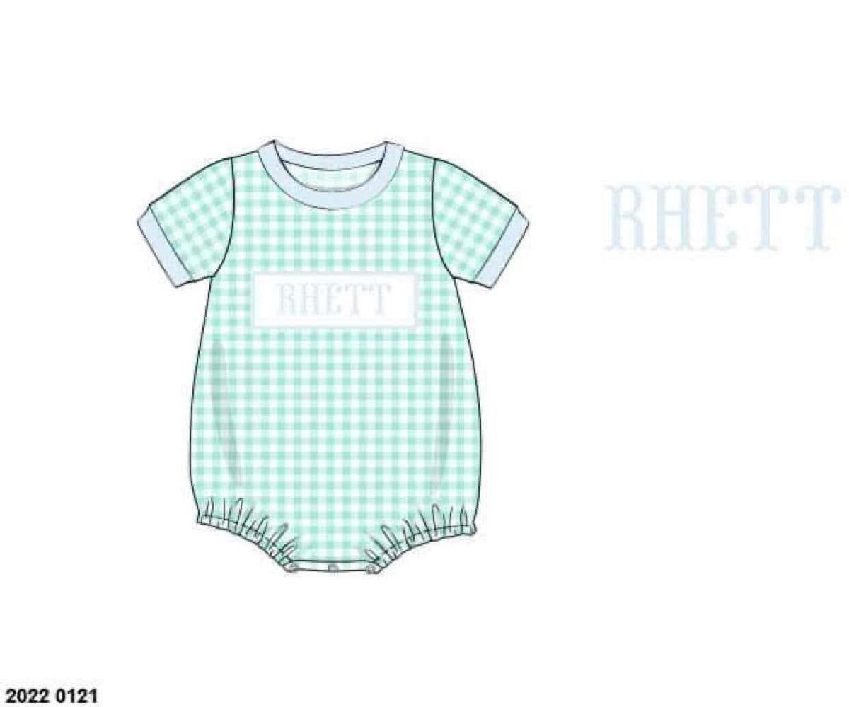 Pre Order 149: Everyday Name Smocks- Boys Asher Blue & Mint Gingham Knit Bubble