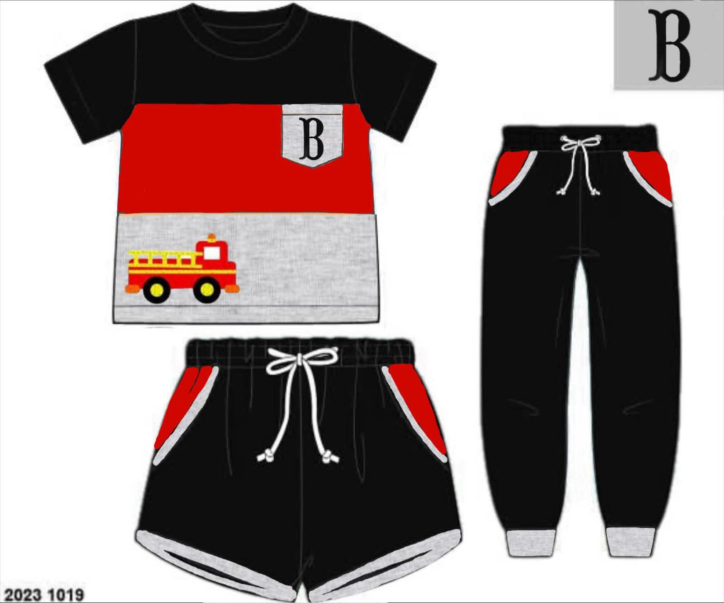 Pre Order 147: Appliqué 3pc Sets- Boys Fire Truck Set