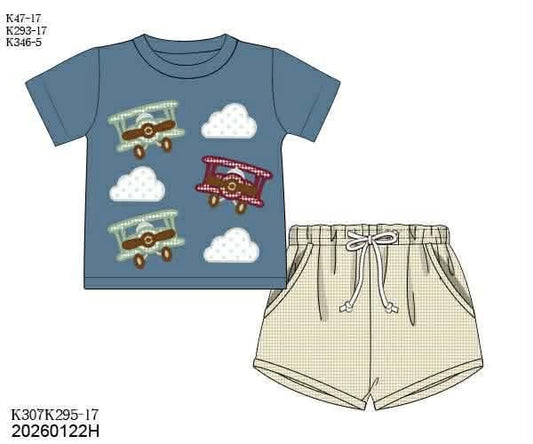 Pre Order 141: Boys Only- Airplane Appliqué Shortie Set