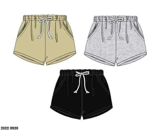Pre Order 136: 3pc Bottom Packs- Boys Black, Gray, and Tan Shortie Shorts