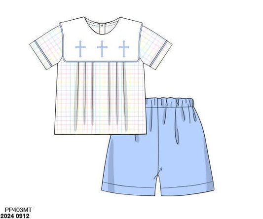 Special Pricing 2.0: Pink & Blue Crosses- Boys Woven Short Set