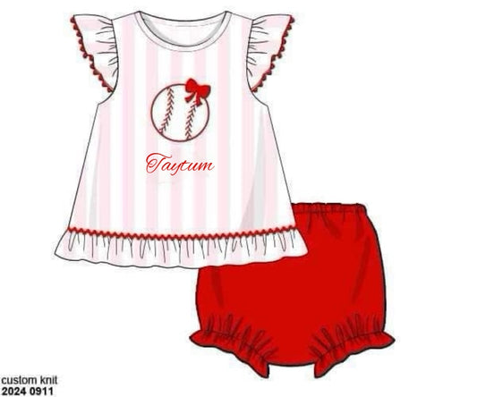 RTS: Play Ball- Girls Knit Appliqué Bloomer Set “Taytum”