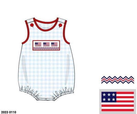 RTS: Light Blue Gingham Flags & Bows- Boys Knit Bubble