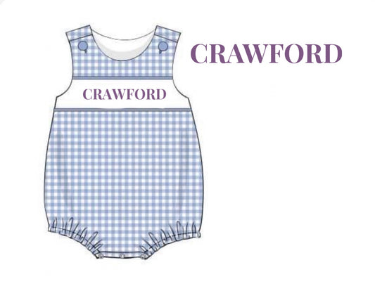 RTS: DEFECT- Boys Periwinkle Gingham & Toile Name Smock Knit Bubble "CRAWFORD"