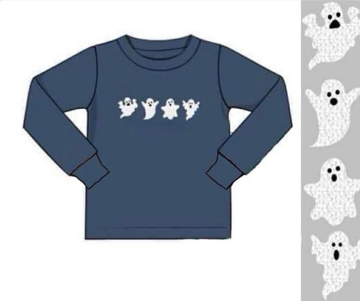 RTS: Halloween Shirt Only- French Knot Ghosts Boys Shirt