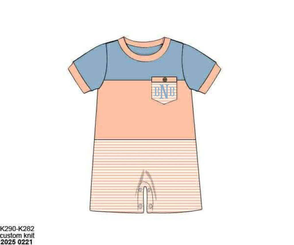 Pre Order 136: Peach Stripe & Floral- Boys Knit Romper
