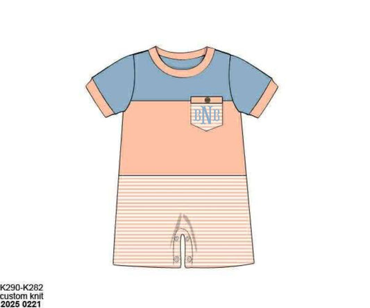 Pre Order 136: Peach Stripe & Floral- Boys Knit Romper