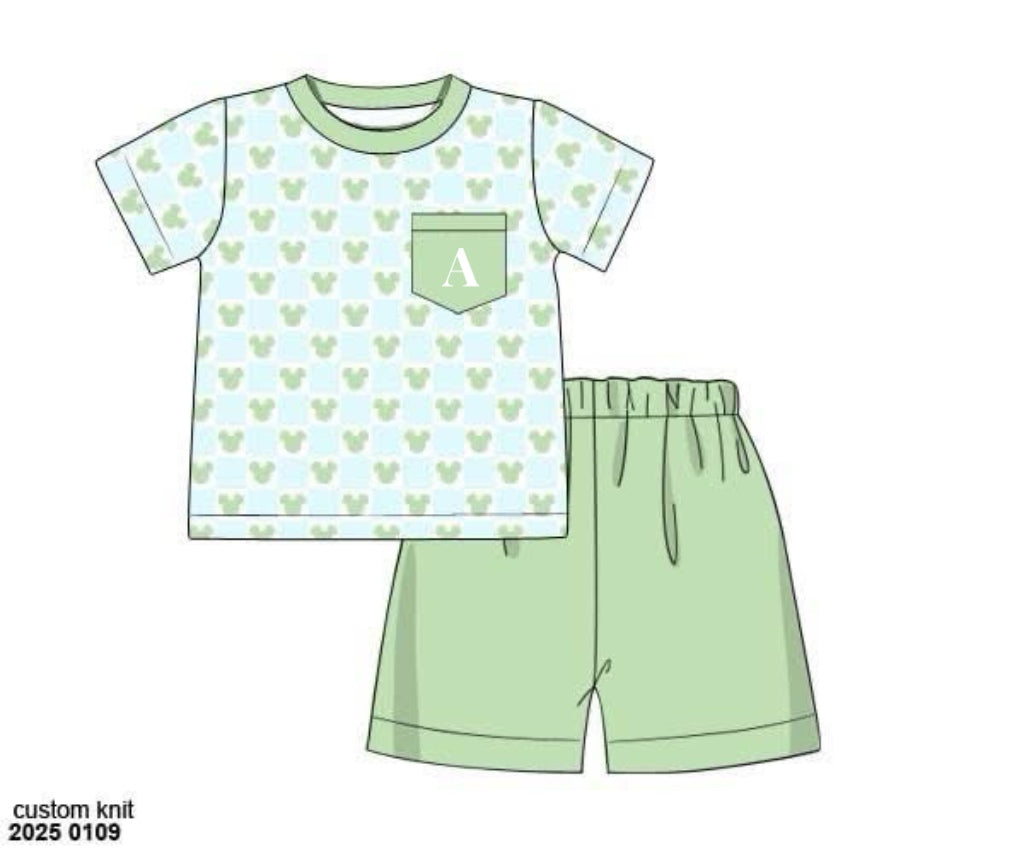 RTS: Denny Mouse- Boys Knit Pocket Short Set "A”