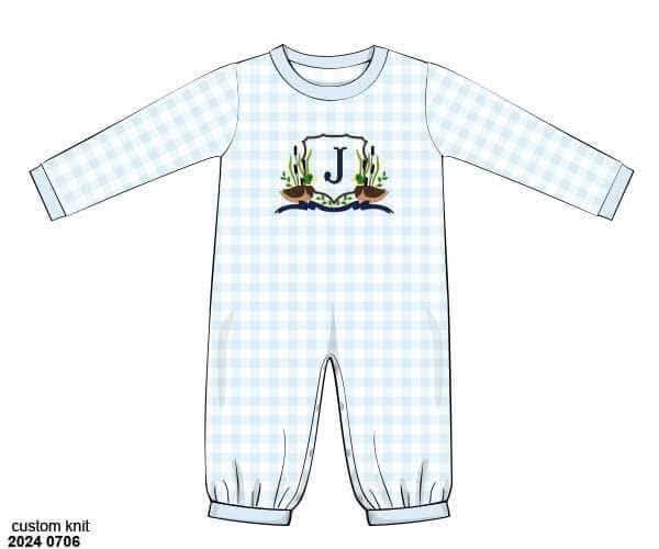 Pre Order 147: Mallard & Bow Crest- Boys Knit Romper