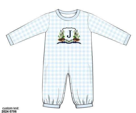 Pre Order 147: Mallard & Bow Crest- Boys Knit Romper