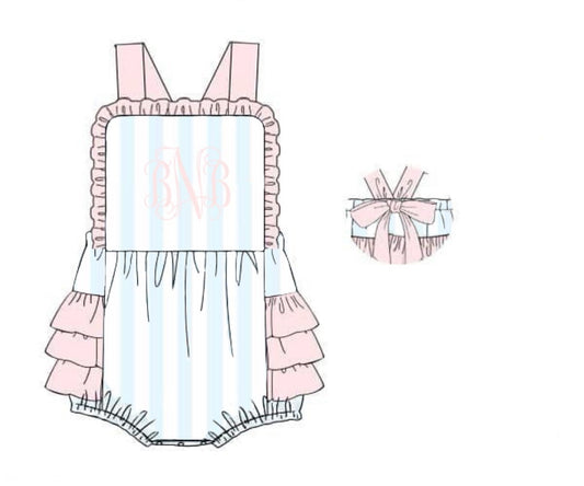 Pre Order 138: Pastel Stripe- Girls Knit Ruffle Sunsuit