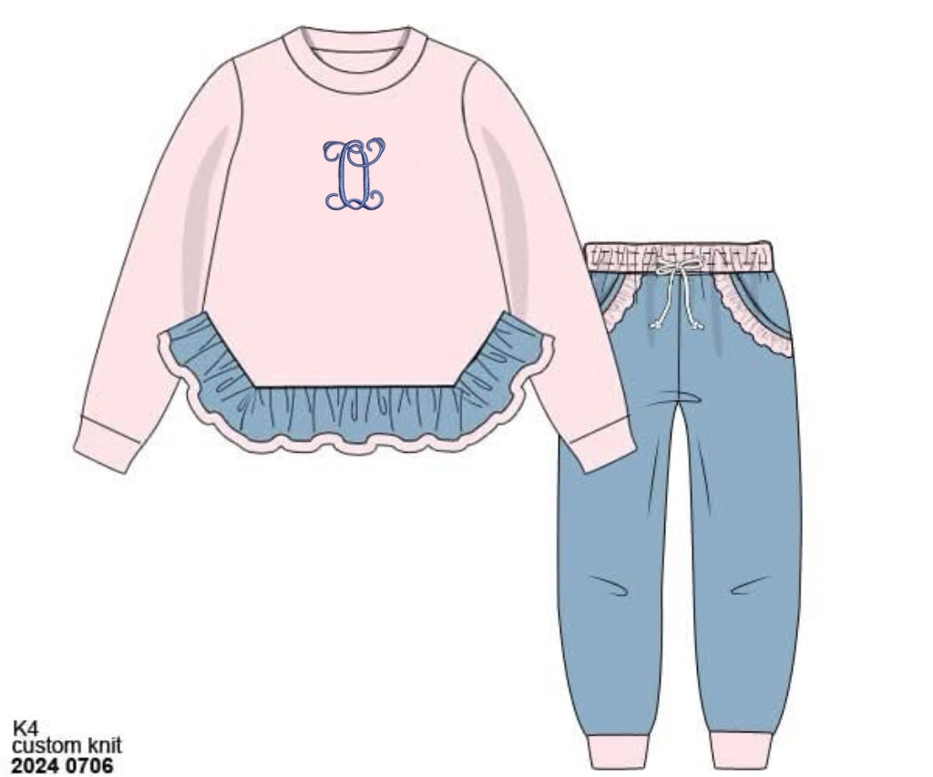 RTS: Knit Jogger Sets- Girls Pink & Cadet Blue “O”