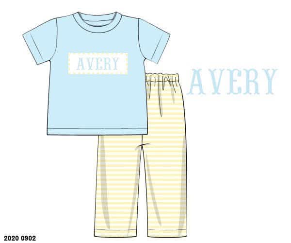 Pre Order 149: Everyday Name Smocks- Boys Blue & Yellow Stripe Knit Pant Set