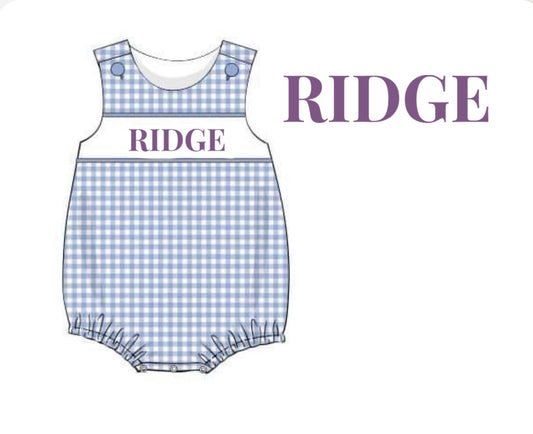 RTS: DEFECT- Boys Periwinkle Gingham & Toile Name Smock Knit Bubble "RIDGE"