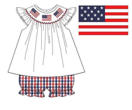 RTS: Flag Smocks- Girls Woven Bubble Short Set