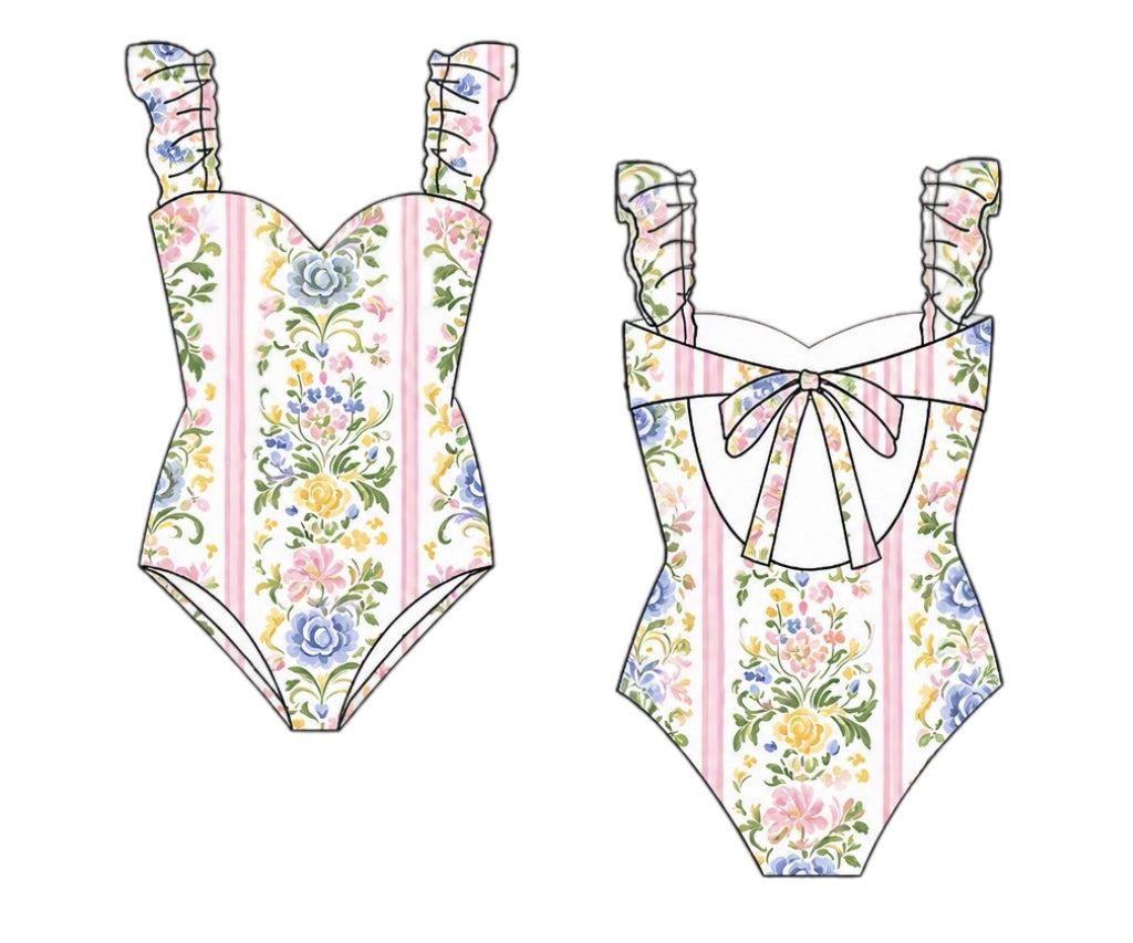 Pre Order 150: Ellis Floral & Stripes- Mom/Mini 1pc Rashguard Swim