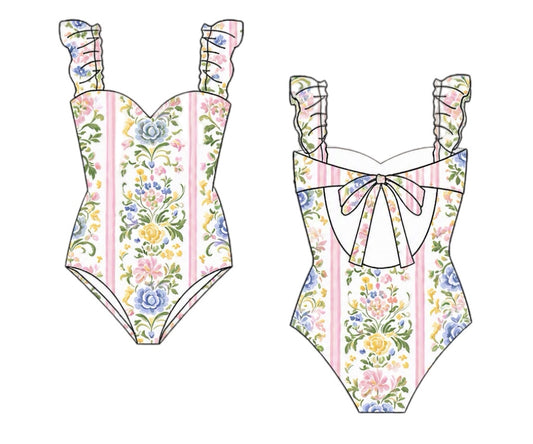 Pre Order 150: Ellis Floral & Stripes- Mom/Mini 1pc Rashguard Swim