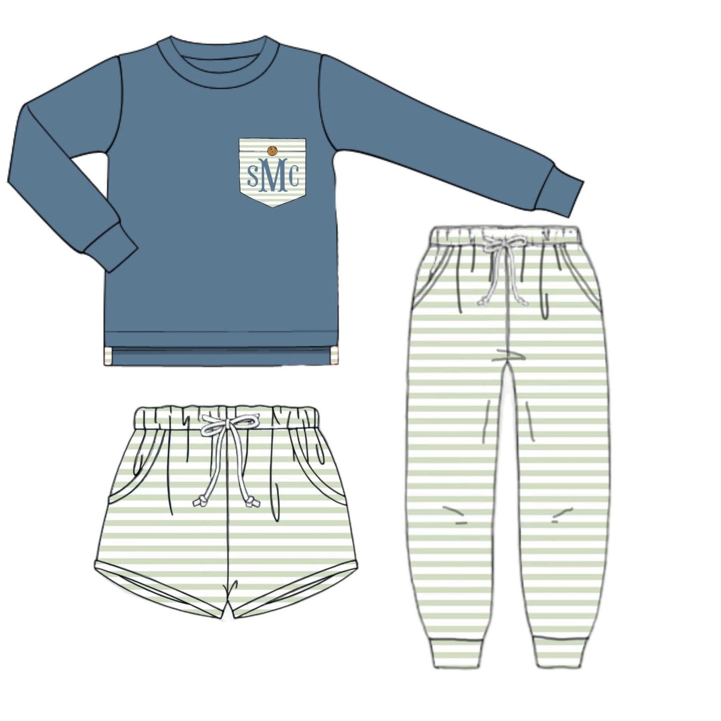 Pre Order 147: Simple 3pc Sets- Boys Blue Stone & Sage Stripe Set