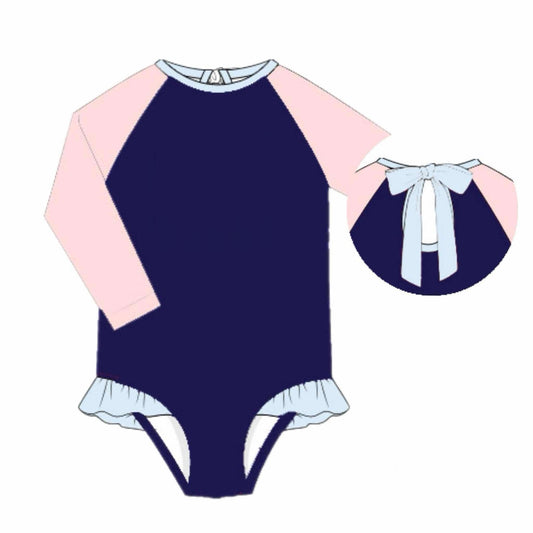 RTS: Navy Swim- Girls 1pc Long Sleeve Rash Guard Swim
