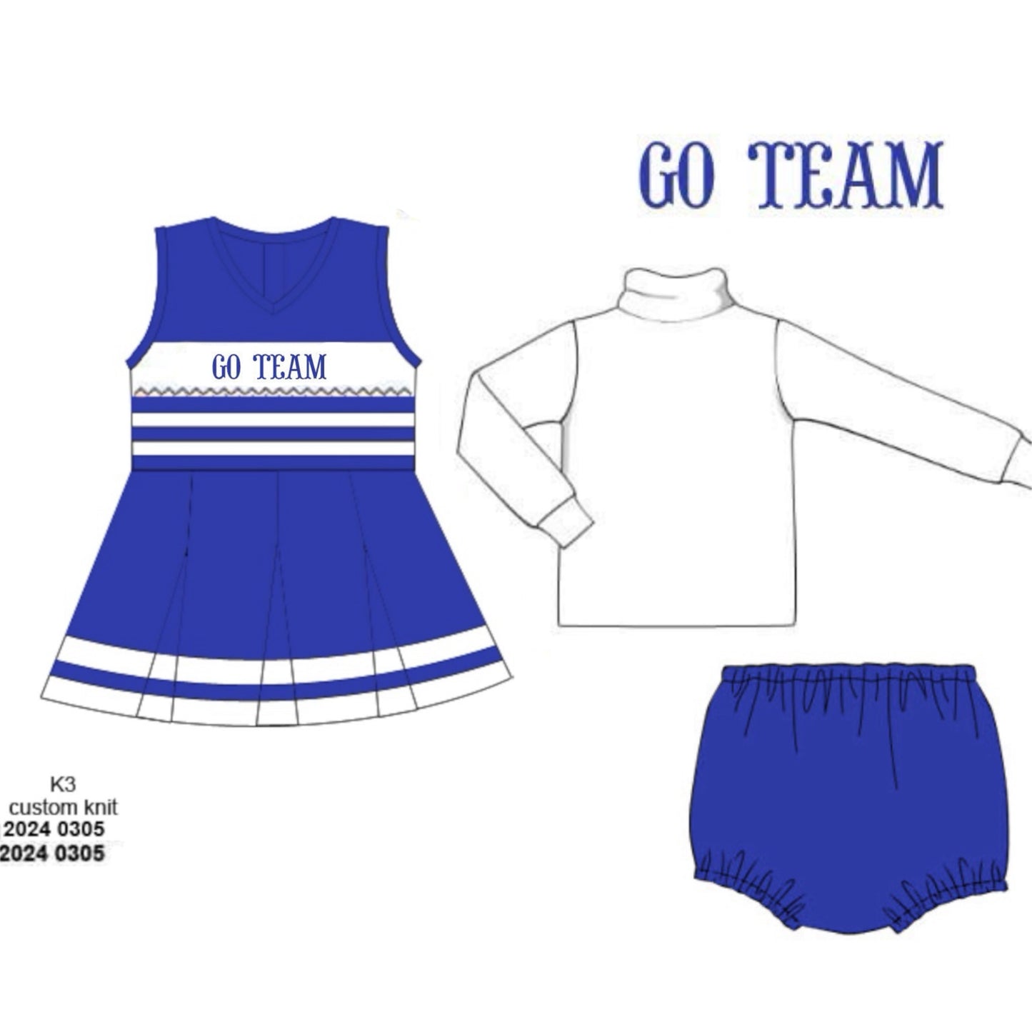 Pre Order 140: Team Spirit- Royal Blue & White Girls 3pc Cheer Set