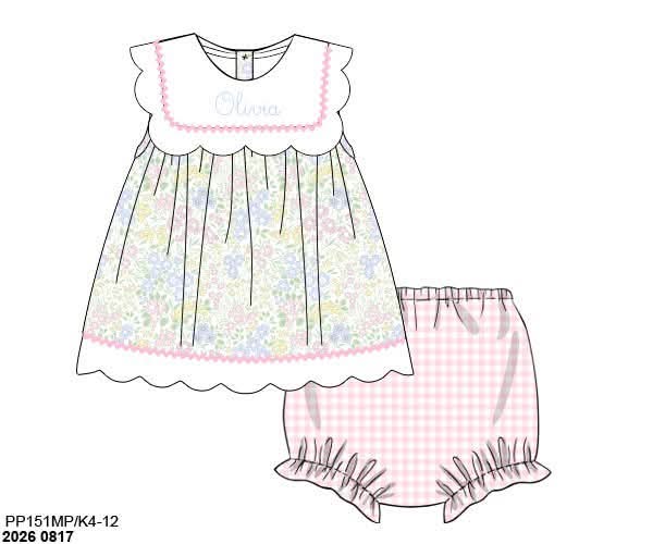 Pre Order 148: Izzy Floral & Blue Gingham- Girls Bloomer Set