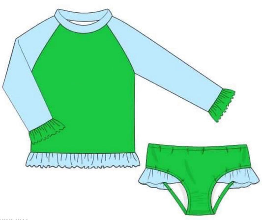 RTS: McCurry Green Swim Collection- Girls 2pc Long Sleeve Rash Guard Swim