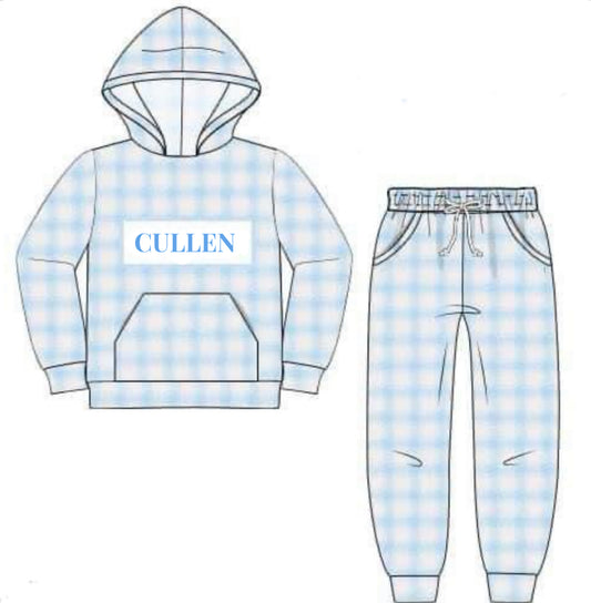 RTS: Blue & Pink Check- Boys Name Smock Sweater Jogger Set "Cullen"