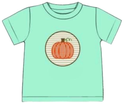 RTS: DEFECT- Mint Applique Pumpkins-Boys Knit Shirt