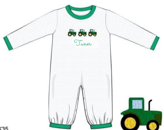 RTS: French Knot Tractors- Boys Knit Romper “Tuner”