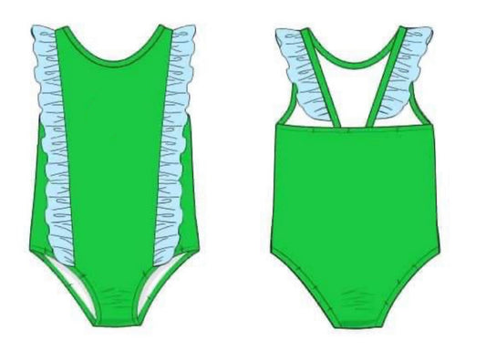 RTS: McCurry Green Swim Collection- Girls 1pc Rash Guard Swim