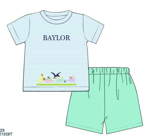 RTS: Easter Embroidered Dinos- Boys Knit Angled Short Set “Baylor”