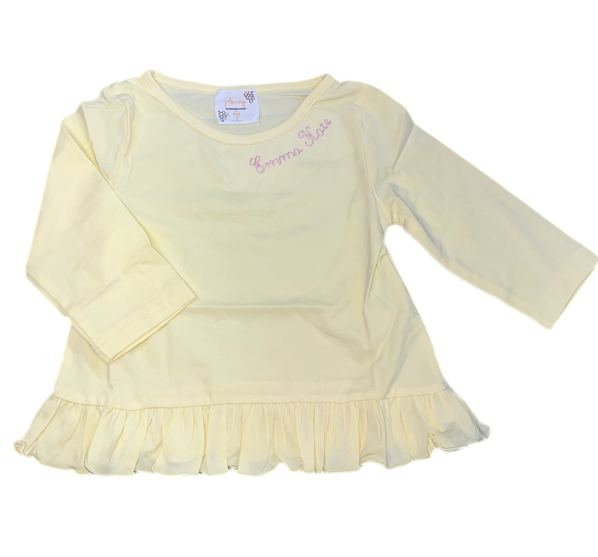 RTS: Honey 2-Hopscotch-Girls Honey Pastel Yellow Shirt “Emma Kate”