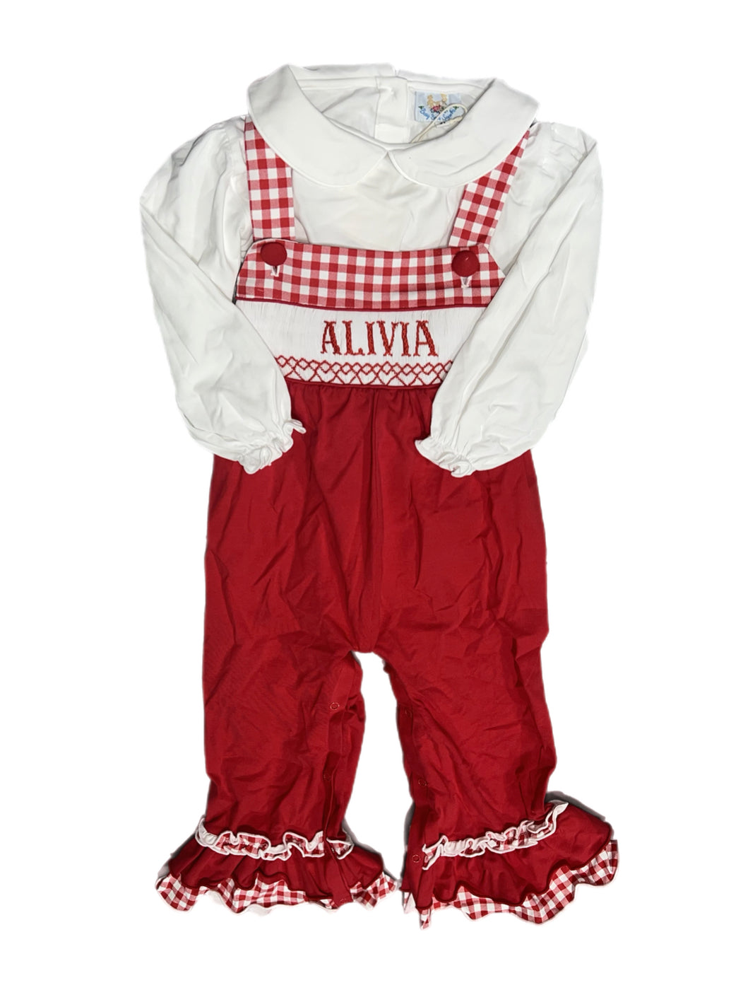 RTS: Red & White Name Smock Collection- Girls 2pc Knit Romper “Alivia”