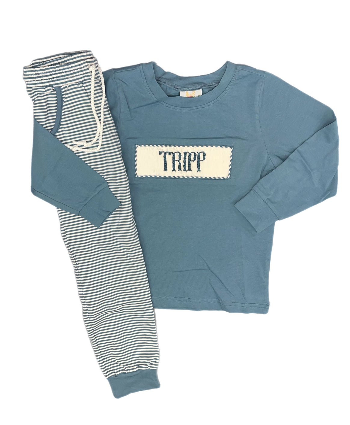 RTS: Stone Blue Stripes Knit Jogger Set-Boys Name Smock “Tripp”