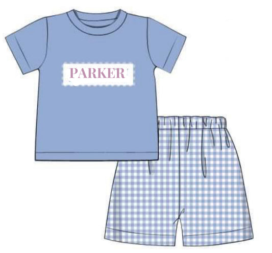 RTS: DEFECT- Boys Periwinkle Gingham & Toile Name smock Knit Short Set- "Parker"