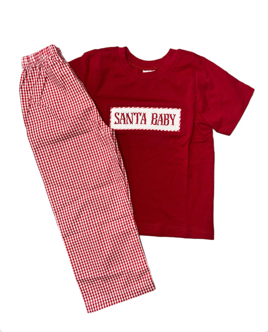 RTS: Christmas Name Smocks- Boys Woven Pant Set “Santa Baby”