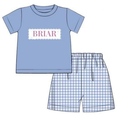 RTS: DEFECT- Boys Periwinkle Gingham & Toile Name Smock Knit Short Set- "Briar"