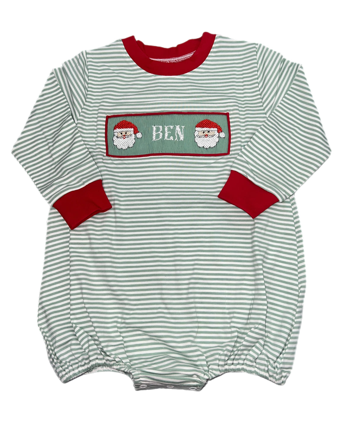 RTS: Christmas Name Smocks-Boys Stripe Santa Knit Bubble “Ben”