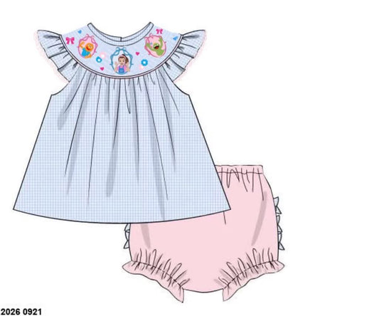 Pre Order 150: Icky Sticky- Girls Smocked Bloomer Set