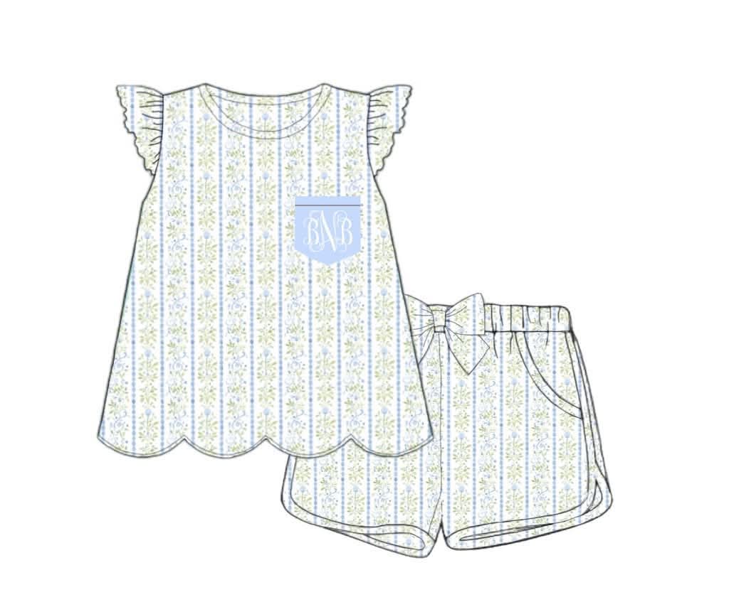 Pre Order 150: Simple Knits- Girls Blue Floral Shortie Set