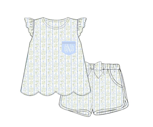 Pre Order 150: Simple Knits- Girls Blue Floral Shortie Set