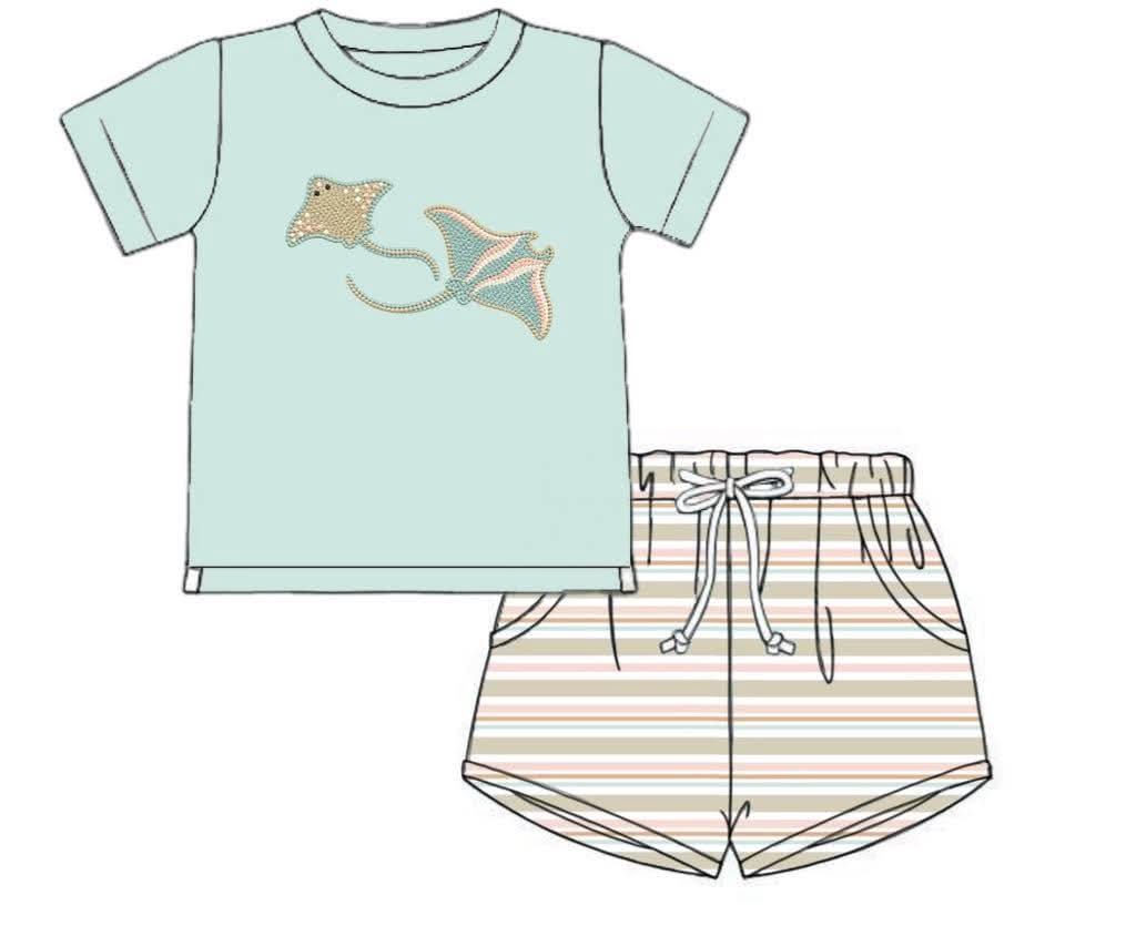 Pre Order 150: Mermaids & Rays- Boys French Knot Shortie Set